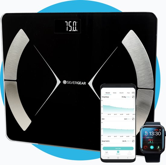 Silvergear Bluetooth Personenweegschaal - Met zeer volledige Lichaamsanalyse met Vetpercentage – Inclusief Analyse App – Zwart